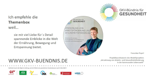 Bild mit Angaben zum GKV-Bündnis und Abbildung einer Frau, welche am Projekt beteiligt ist.